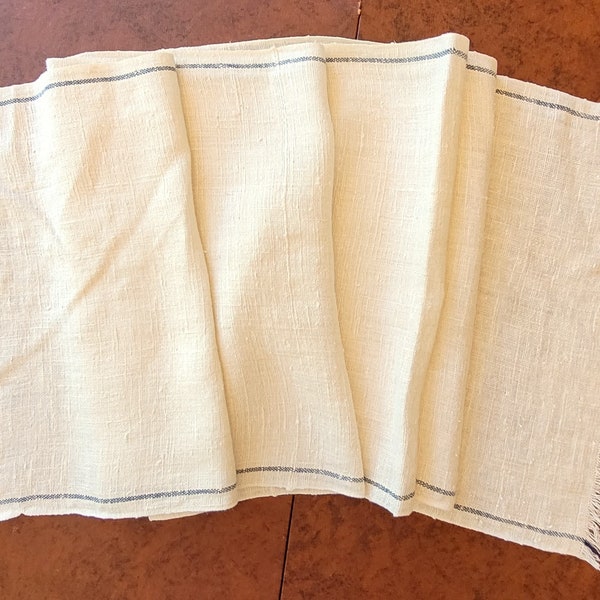 Vintage Toweling Yardage for Table Runner or bureau scarf 43" x 15.5" blue borders on laundered soft loose weave linen, raw ends, VGood cond