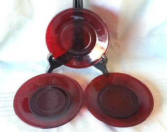 Three R1700 Royal Ruby rimmed saucers Anchor Hocking Fire King Anchorglass, 6 1/8" round. Orphaned saucers, Excellent vintage condition