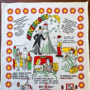 Honeymoon Crying Towel Dish or Tea Towel, or wall hanging, slightly racy cartoons, NWOT unused 16.75" x 29.5" Excellent vintage condition