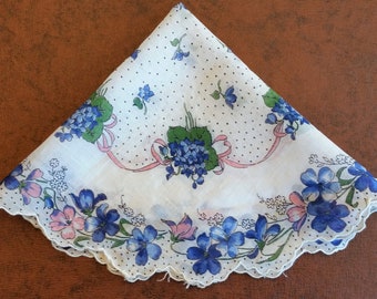 Vintage 1950s Round Violets handkerchief hanky, pink & blue violets with pink ribbons, scalloped edge, 13" round, floral doily, VG condition