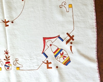 Asian Lanterns Tablecloth Table Topper 30" sq, hand embroidered in red, orange, brown & blue on white linen, overcast trim, Exc vintage cond