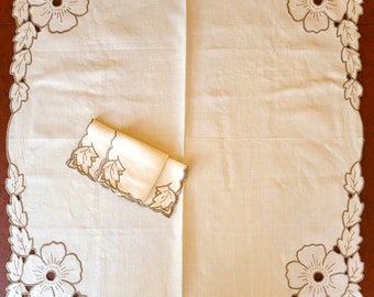 Floral Tea Tablecloth, 3 napkins, 32" square, Cutwork with dark taupe hand embroidery on soft beige linen, Exc vintage condition