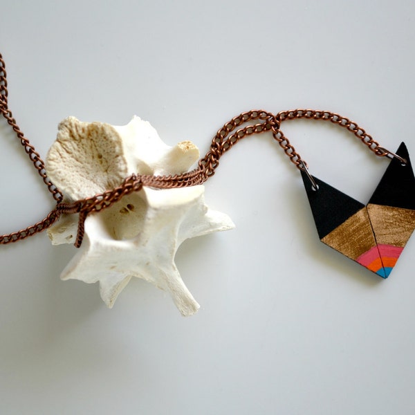 Yuchi Rainbow Dipped Arrowhead Chevron Geometric Tribal Necklace in Black, Gold, Coral, Orange and Turquoise  Color Block