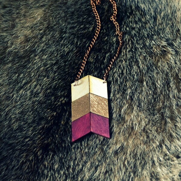 Fall Color Trend:  Yuchi Arrow Chevron Tribal Necklace in Plum, Gold and Natural Wood Color Block