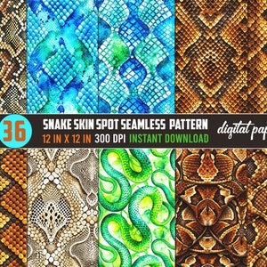 Può includere: Un pacchetto di carta digitale con 36 motivi di pelle di serpente. I motivi sono di vari colori, tra cui blu, verde, marrone e giallo. I motivi sono senza cuciture e possono essere utilizzati per una varietà di progetti, come lo scrapbooking, la creazione di biglietti e la progettazione digitale. Il pacchetto include immagini di 30 cm x 30 cm a 300 DPI.  "SNAKE SKIN SPOT SEAMLESS PATTERN" e "digital paper" sono scritti nell'immagine.