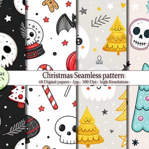 May include: A set of four digital paper patterns featuring a Christmas theme with various illustrations including a snowman, candy canes, skulls, ghosts, and Christmas trees. The patterns are in black and white, red and white, gray and white, and pink and white.