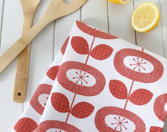 Red Bloom Flower Print Scandi Tea Towel