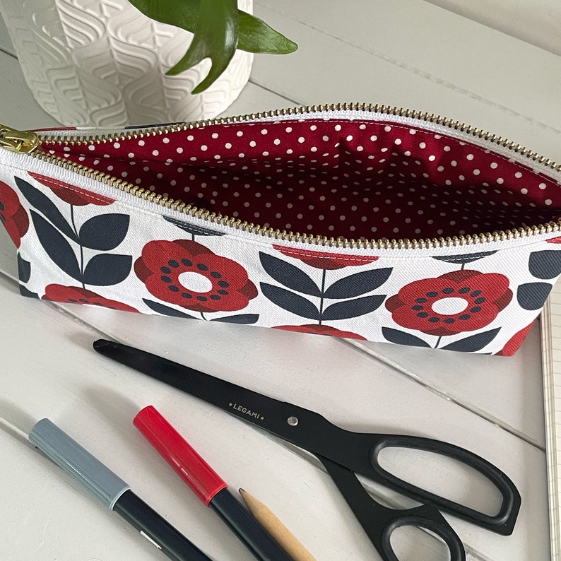 Red Poppy Floral Fabric Handmade Zipper Pouch Pencil Case Sewing Notions Case image 4