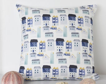 Harbour Houses Print Cushion Cover Blue White Coastal Home Pillow Sham