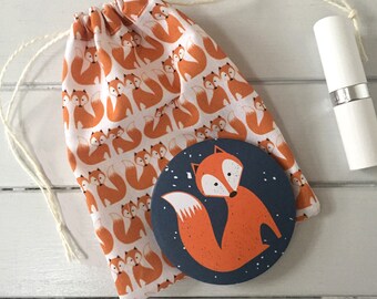 Large Foxy Fox cosmetic make up pocket hand mirror and bag