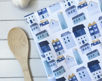 Tea Towel Blue and White Coastal House - Cornish Home Gift