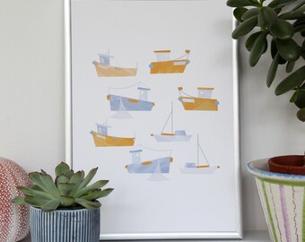 Harbour Boats A4 Art Print Coastal Scandi Illustration Blue