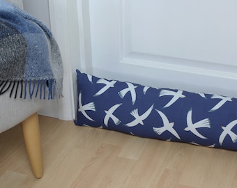 Draught Excluder 'Flight' Bird Blue Patterned Fabric Filled