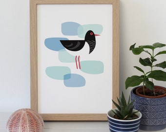 Oystercatcher A4 Art Print Coastal Bird Scandi Illustration Blue