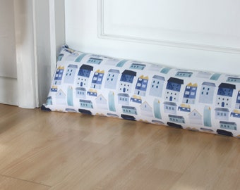 Draught Excluder Harbour Houses Blue and White Fabric Filled