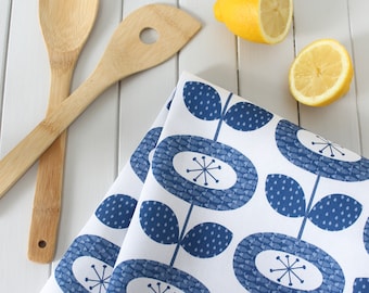 Dark Blue Bloom Flower Print Scandi Tea Towel