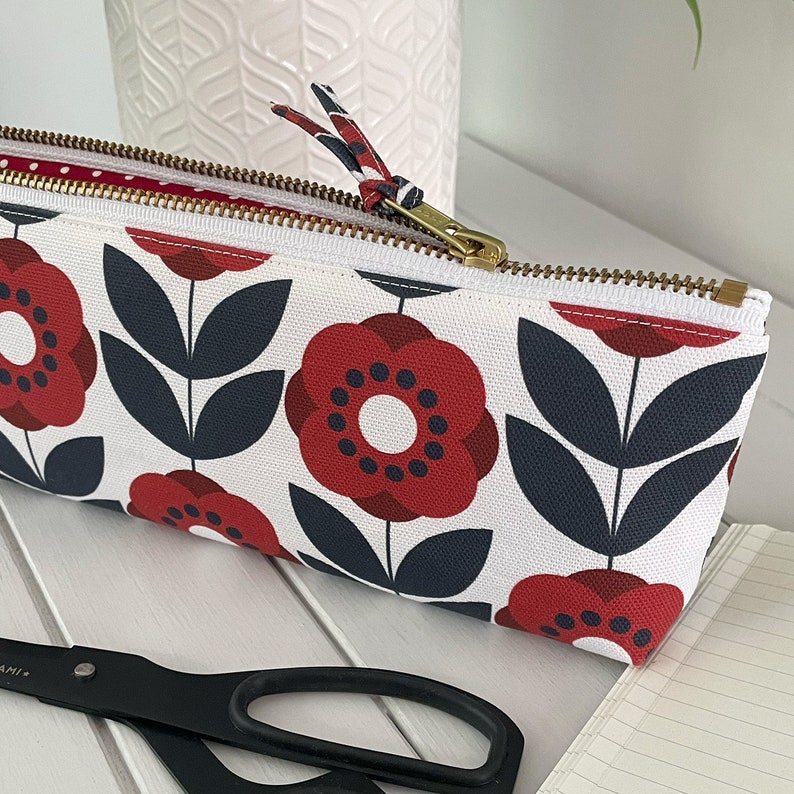 Red Poppy Floral Fabric Handmade Zipper Pouch Pencil Case Sewing Notions Case image 2