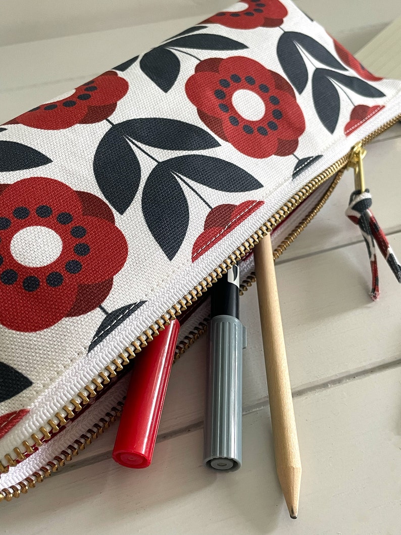 Red Poppy Floral Fabric Handmade Zipper Pouch Pencil Case Sewing Notions Case image 5