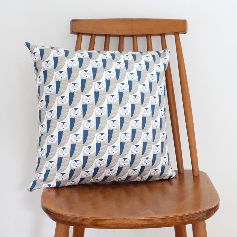 Owl Print Fabric Cushion Cover Dark Blue and Grey Pillow Sham Decorative Throw Pillow image 1