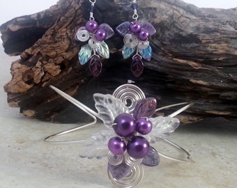 Plum Fairy Wrist Corsage Bracelet Earring Set Boho Wedding Jewelry Set Purple Wrist Corsage Romantic Wedding Jewelry