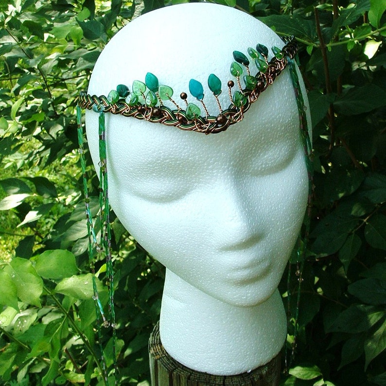 Boho Wedding Headdress Elven Woodland Head Piece Tribal Dance Art Nouveau Headpiece Beaded Gypsy Hair Chain Art Nouveau Festival Style