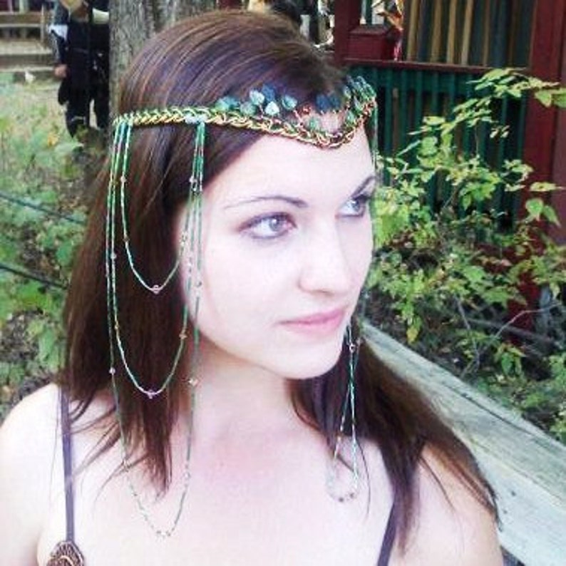 Boho Wedding Headdress Elven Woodland Head Piece Tribal Dance Art Nouveau Headpiece Beaded Gypsy Hair Chain Art Nouveau Festival Style