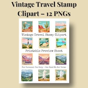 ヴィンテージ旅行スタンプクリップアートバンドル – レトロなアメリカの旅行先PNG画像12枚（テキスト付きとテキストなし） – デジタルスクラップブッキングとジャーナルステッカー