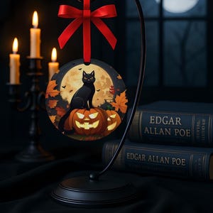 Black Cat & Pumpkin Halloween Ornament: Gothic Fall Decor