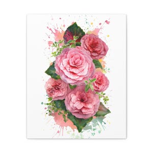 Pink Begonia Canvas Wall Art  Watercolor Floral Artwork on Stretched Matte Canvas  Botanical Wall Decor for Bedroom, Office, or Living Room