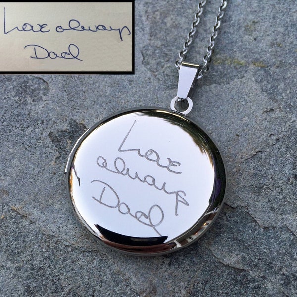 Handwriting Locket Necklace, Stainless Steel Locket for Pictures, Engraved Memorial Jewelry