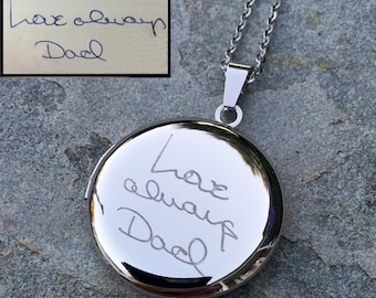 Handwriting Locket Necklace, Stainless Steel Locket for Pictures, Engraved Memorial Jewelry