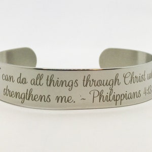 Christian Scripture Cuff Bracelet, Engraved Stainless Steel Bible Verse Jewelry, I Can Do All Things Through Christ, Philippians 4:13