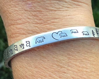 Mama Bear Bracelet, Hand stamped Mom Cuff, Mama Bear and Cubs, Mother and Babies, Mom and Children Jewelry, Custom Mom Jewelry, Mother's Day