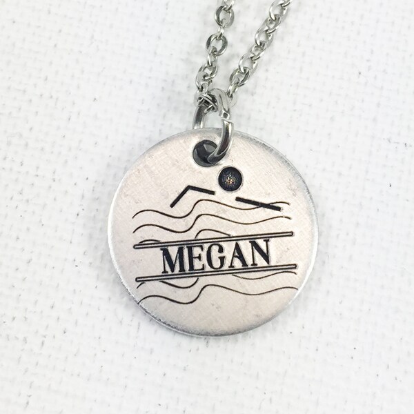 Personalized Swimmer Necklace with Name, Engraved Gift for Swimmer, Swimming Coach or Team