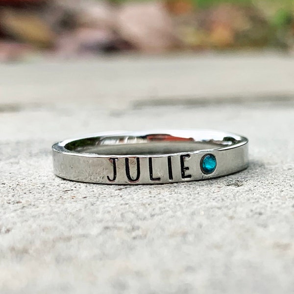 Birthstone Stacking Name Ring, Personalized Stackable Ring for Mom, Custom Hand Stamped Silver Stainless Steel Stacking Ring