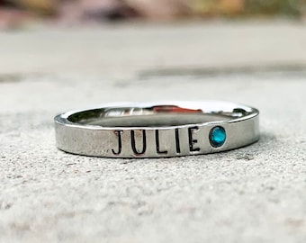 Birthstone Stacking Name Ring, Personalized Stackable Ring for Mom, Custom Hand Stamped Silver Stainless Steel Stacking Ring