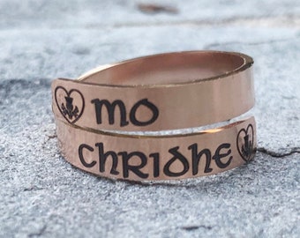 Mo Chridhe Wrap Ring, Engraved Adjustable Celtic Wrap Ring, Romantic Scottish Thistle Luckenbooth Ring