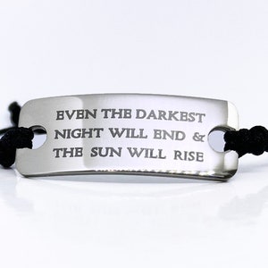 Les Miserables Jewelry, Les Mis ID Bracelet, Even the Darkest Night Will End & The Sun Will Rise, Adjustable Black Cord Bracelet