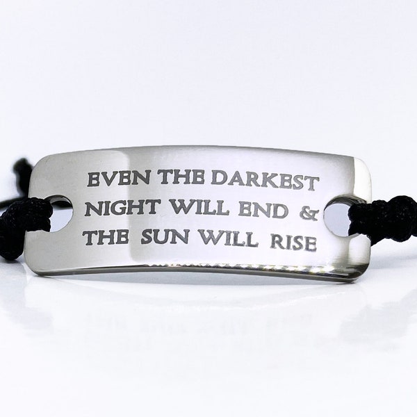 Les Miserables Jewelry, Les Mis ID Bracelet, Even the Darkest Night Will End & The Sun Will Rise, Adjustable Black Cord Bracelet