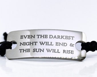 Les Miserables Jewelry, Les Mis ID Bracelet, Even the Darkest Night Will End & The Sun Will Rise, Adjustable Black Cord Bracelet