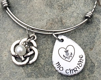 Gaelic Mo Chridhe Bangle Bracelet with Celtic Knot and Pearl, Scottish Wedding Love Token Jewelry