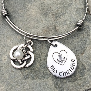 Gaelic Mo Chridhe Bangle Bracelet with Celtic Knot and Pearl, Scottish Wedding Love Token Jewelry