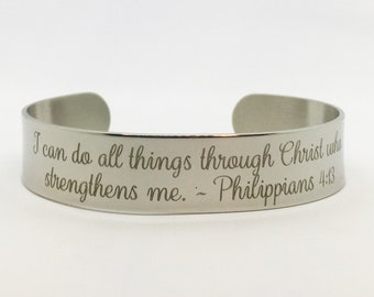 Christian Scripture Cuff Bracelet, Engraved Stainless Steel Bible Verse Jewelry, I Can Do All Things Through Christ, Philippians 4:13