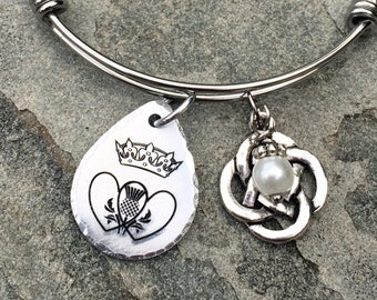 Scottish Luckenbooth Bangle Bracelet, Engraved Scottish Wedding Love Token Gift with Celtic Knot Charm and Pearl
