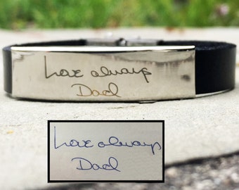 Leather Handwriting Bracelet, Simple Stainless Steel and Black Leather Bracelet, Memorial Jewelry