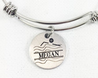 Personalized Swimmer Bangle Bracelet with Name, Engraved Gift for Swimmer, Swimming Coach or Team