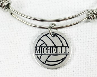 Personalized Volleyball Bracelet, Personalized Volleyball Bangle, Name Charm, Gift for Volleyball Player, Volleyball Coach Gift