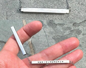Hidden Bar Necklace, Engraved Stainless Steel Bar and Tube with Couple Initials, Kids Names, Date, Pets Names, Private Message