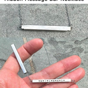 Hidden Bar Necklace, Engraved Stainless Steel Bar and Tube with Couple Initials, Kids Names, Date, Pets Names, Private Message