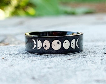 Black Phases of the Moon Ring, Engraved Stainless Steel Full Crescent Waxing and Waning Moon Jewelry, Celestial Jewelry